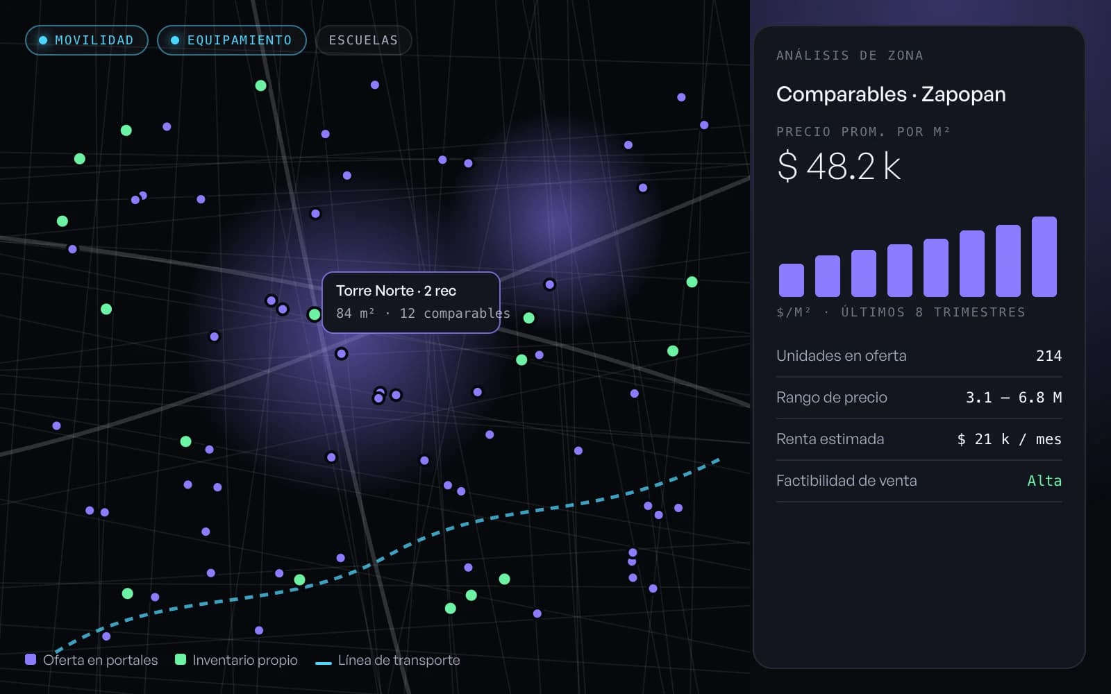 Illustration of a georeferenced market map with listings, transit layers, and a comparables panel